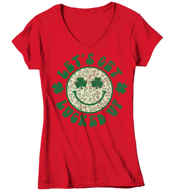 Women's V-Neck Funny St. Patrick's Day Shirt Let's Get Lucked Up Clover Lucky Patty's Irish Retro Smiley Face Luck Ireland Ladies WomanCopy of 00 Women's V-Neck-Shirts By Sarah