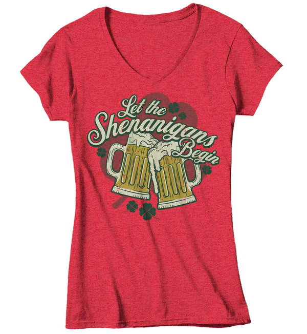 Women's V-Neck Funny Shenanigans Shirt St. Patrick's Day T Shirt Begin Beer Mugs Cheers Party Tshirt Graphic Tee Streetwear Ladies-Shirts By Sarah