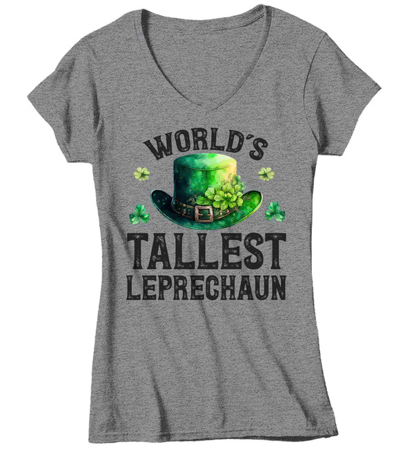 Women's V-Neck Funny St. Patrick's Day Shirt World's Tallest Leprechaun Watercolor Hat Patty's Irish Clover Vintage Grunge Ireland Ladies-Shirts By Sarah