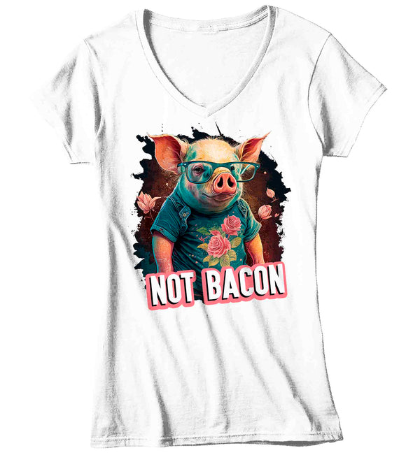 Women's V-Neck Funny Pig Shirt Not Bacon T Shirt Hipster Piggy Vegan Gift Animal Rights Cute Pig In Clothes Streetwear Tee Ladies-Shirts By Sarah