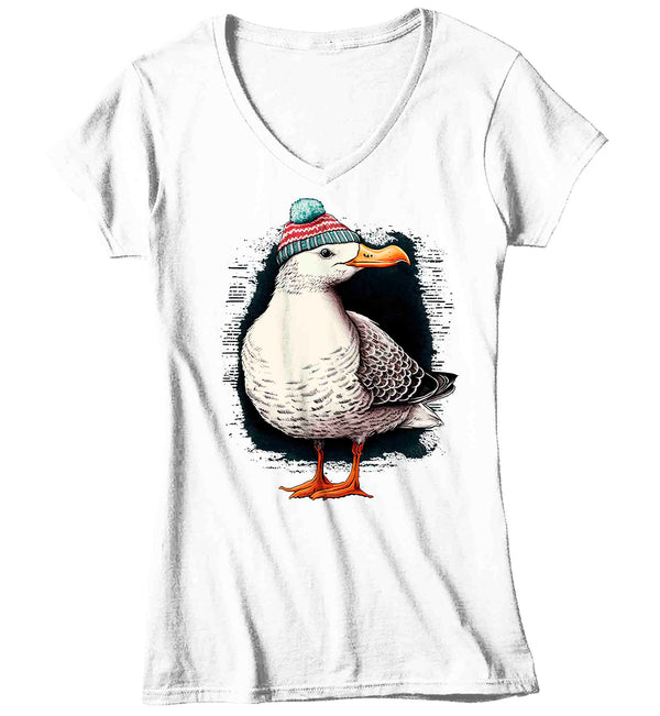 Women's V-Neck Funny Seagull Shirt Hipster T Shirt Bird Knit Beanie Gift Sailor Nautical Sail Seaside Ocean Graphic Tee Ladies-Shirts By Sarah
