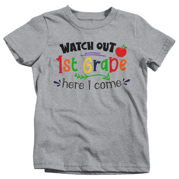 Kids 1st Grade T Shirt 1st Grade Shirt Boy's Girl's Watch Out Here I Come Cute Back To School Shirt First Grade-Shirts By Sarah