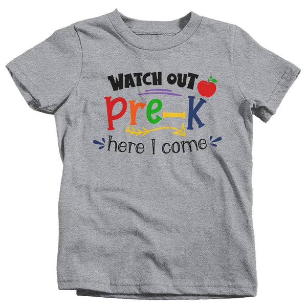 Kids Pre-K T Shirt Pre-K Shirt Boy's Girl's Watch Out Here I Come Cute Back To School Shirt-Shirts By Sarah