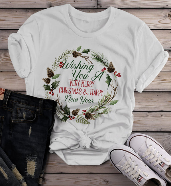 Women's Wishing You Merry Christmas T-Shirt Xmas Wreath Shirts Beautiful Graphic Tee-Shirts By Sarah