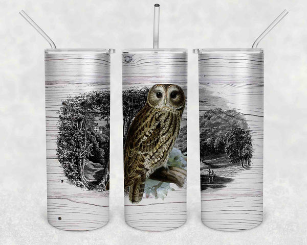 Wood Owl Tumbler With Stainless Steel Straw Skinny Tumbler Gorgeous Illustrated Owl Gift Idea Travel Mug Cold Hot Vacuum Lid-Shirts By Sarah