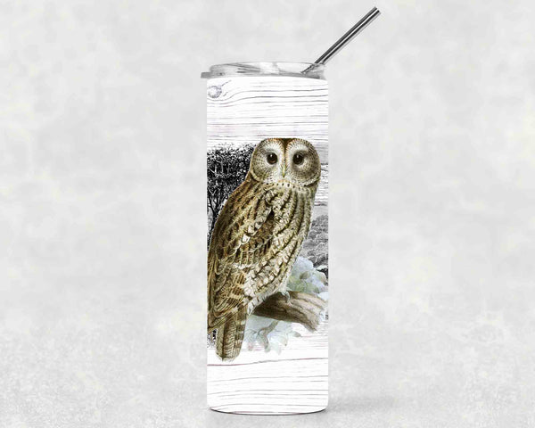 Wood Owl Tumbler With Stainless Steel Straw Skinny Tumbler Gorgeous Illustrated Owl Gift Idea Travel Mug Cold Hot Vacuum Lid-Shirts By Sarah