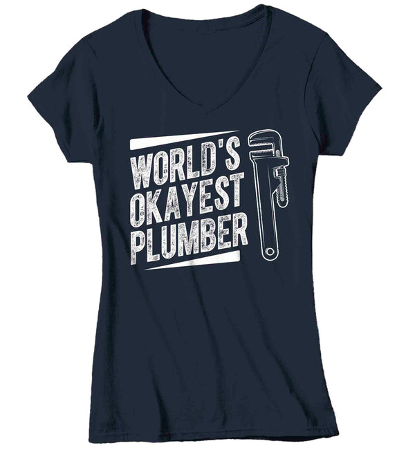 Women's V-Neck Funny Plumber T Shirt World's Okayest Plumber Shirt Plumber Gift Mediocre Insult Humor Ladies Tee Pipe Worker-Shirts By Sarah