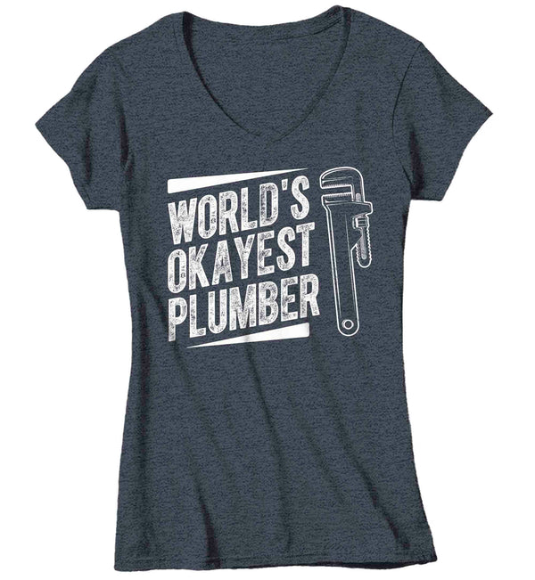Women's V-Neck Funny Plumber T Shirt World's Okayest Plumber Shirt Plumber Gift Mediocre Insult Humor Ladies Tee Pipe Worker-Shirts By Sarah