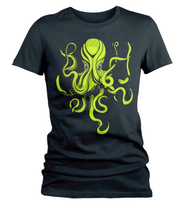 Women's Yellow Octopus Shirt Illustration Grunge Streetwear Octopus Drawing Graphic Tee Nautical Sea Ocean Life T Shirt Goth Ladies-Shirts By Sarah