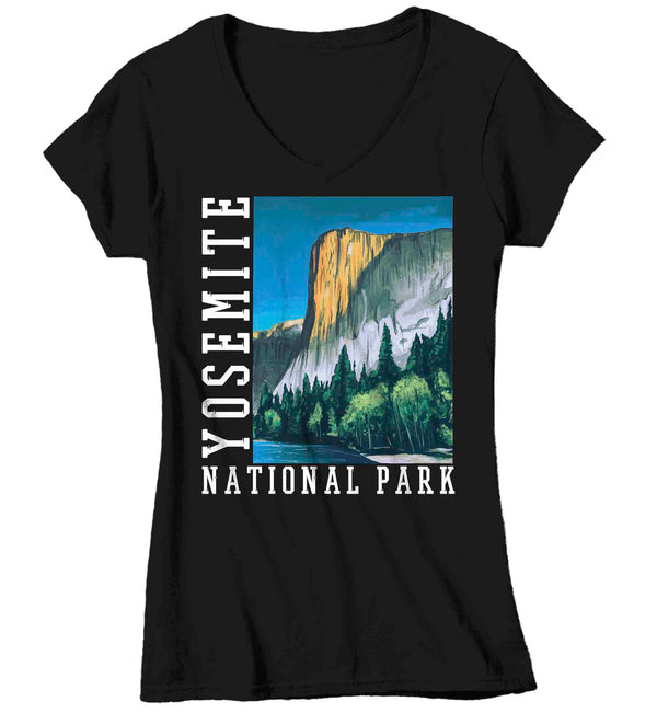 Women's V-Neck Yosemite National Park Shirt Nature TShirt Illustrated Painting Print Valley Camping Gift Travel Vacation Ladies Soft Graphic Tee-Shirts By Sarah