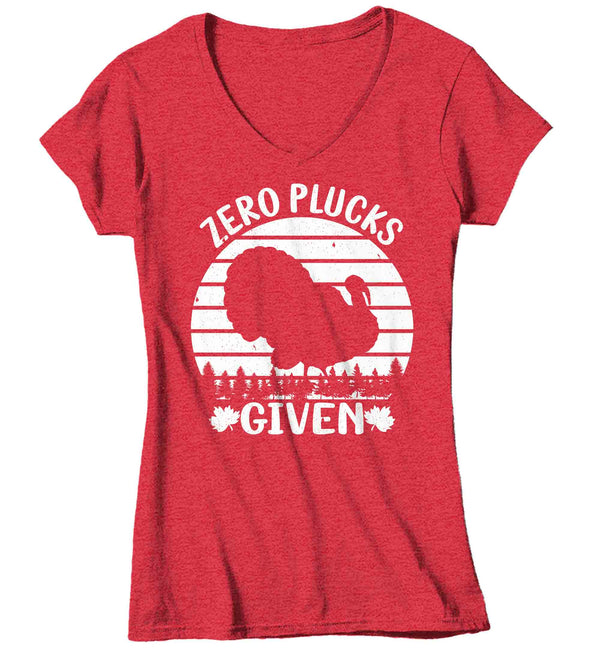 Women's V-Neck Funny Thanksgiving Tee Zero Plucks Given Shirt Hilarious Turkey Day Shirt Humor Thanks Giving Ladies Soft Graphic TShirt-Shirts By Sarah